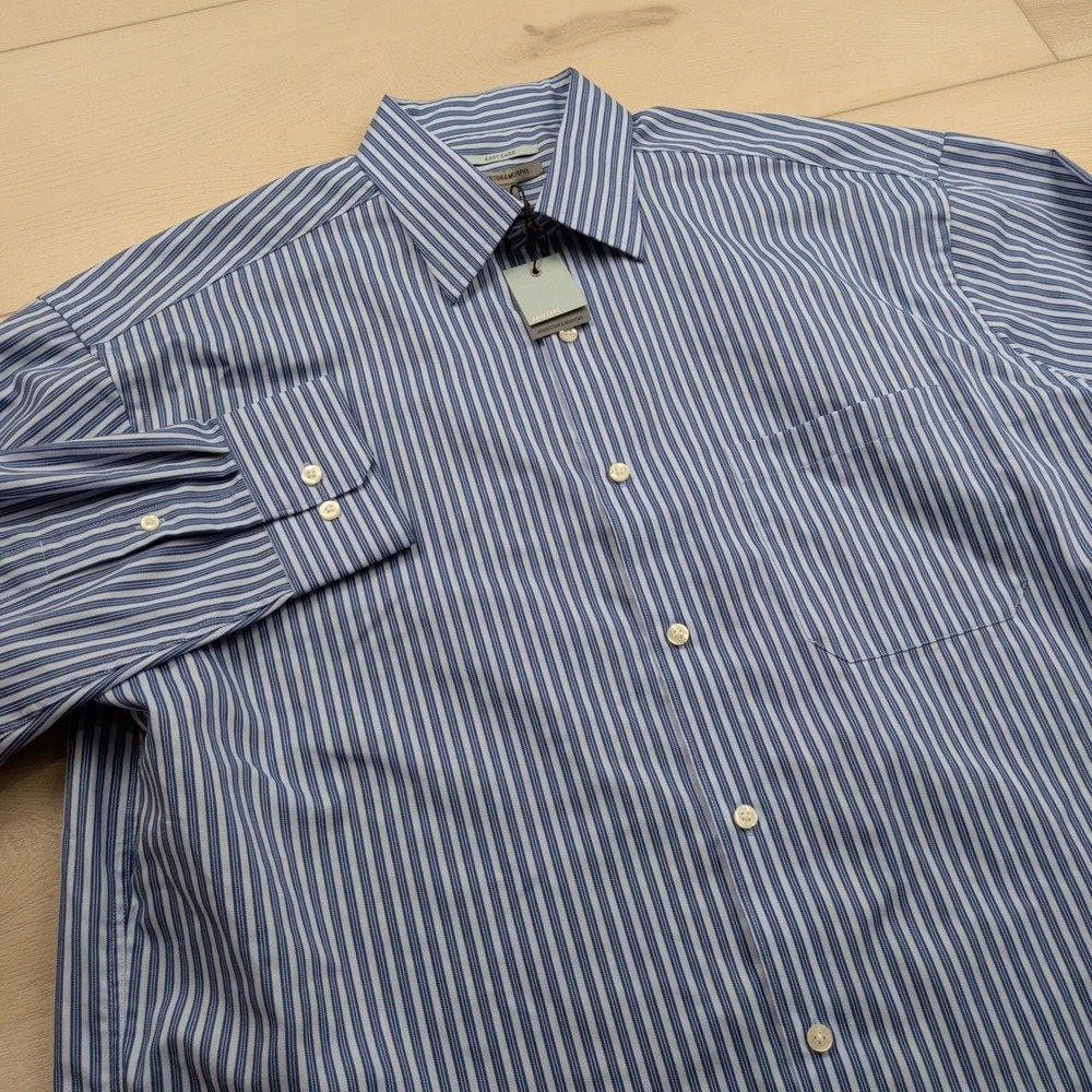 NEW Johnston & Murphy Mens XL Easy Care Blue White Striped Button Down Shirt